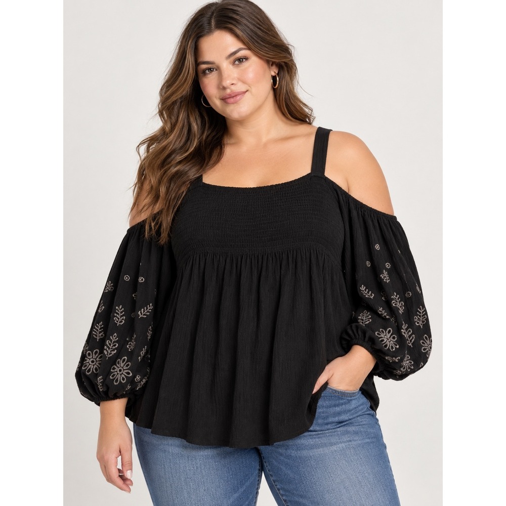 Torrid Black Smocked Cold Shoulder Embroidered Sleeve Top Sz 1 Boho Babydoll 1X